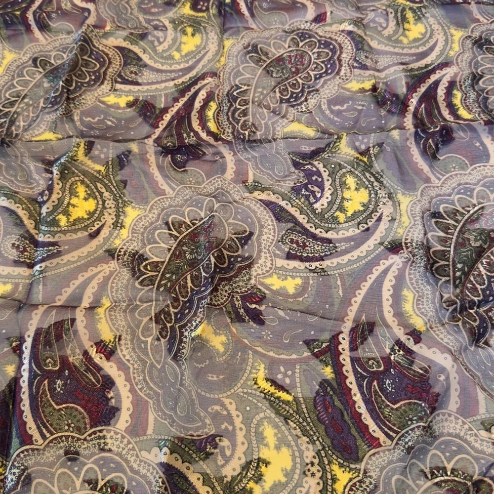 Vintage Paisley Sheer Square Scarf Purple‎ Gold Metallic Silk Feel Neckerchief